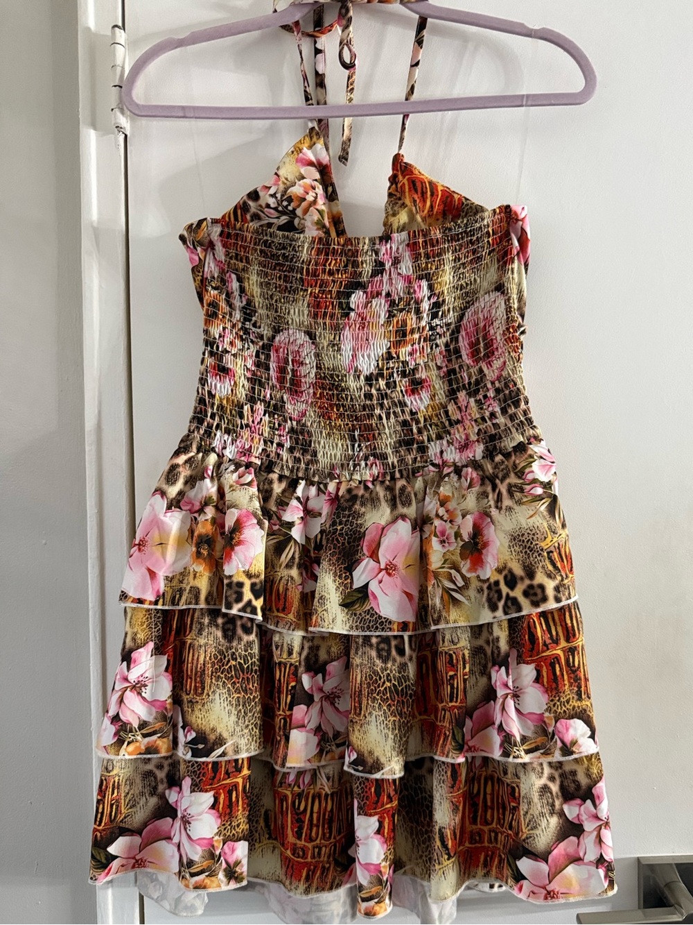 Fusionista Floral Animal Print Ruffle Halter Mini Dress Size XL $60 - Picture 3 of 8